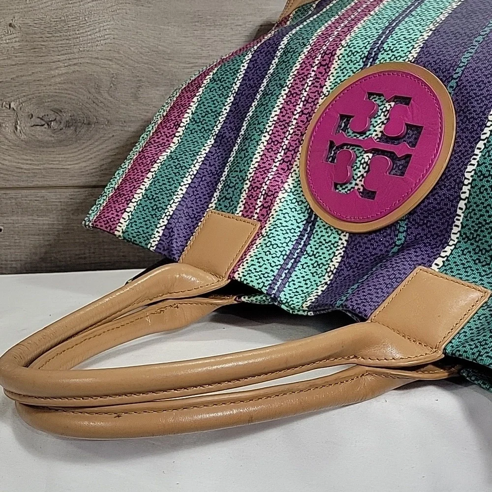 Tory Burch Ella Purple and Green Striped Tote Bag